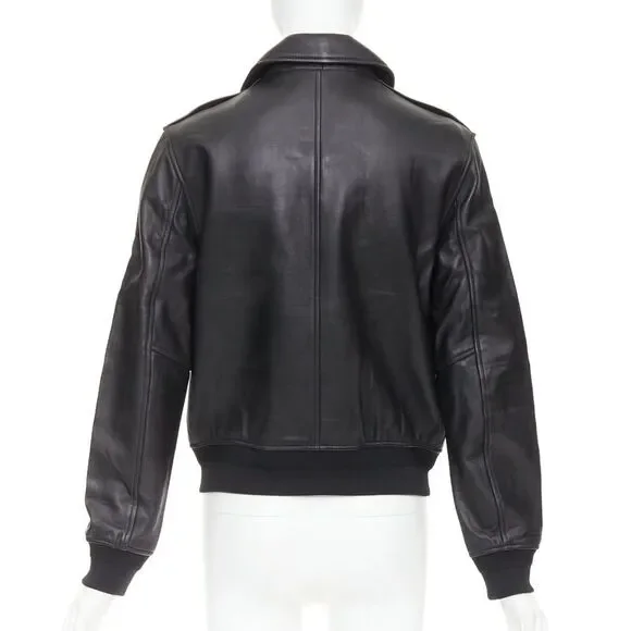 SAINT LAURENT 2020 black sheepskin leather pocketed flight jacket L - Picture 6 of 10